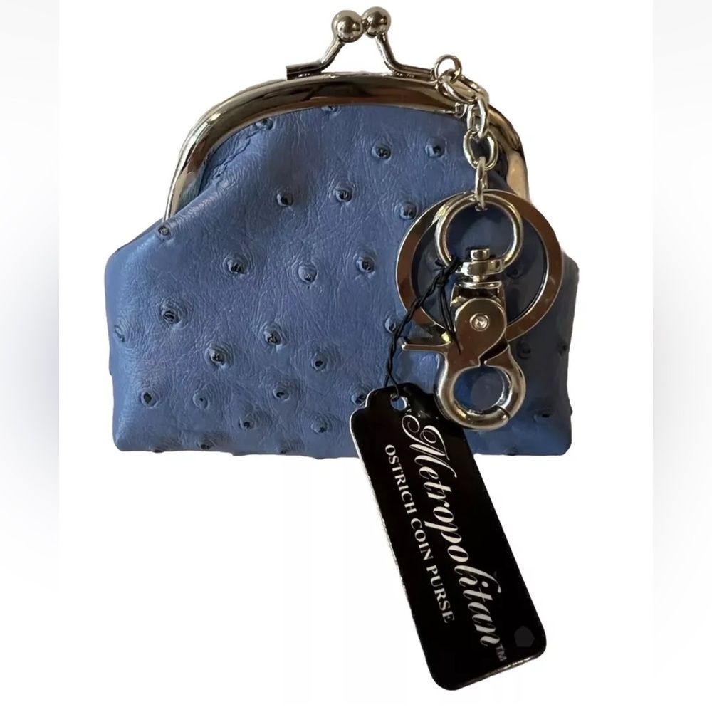 NWT Metropolitan Retro Blue Faux Ostrich Leather Small Coin Purse with Keychain